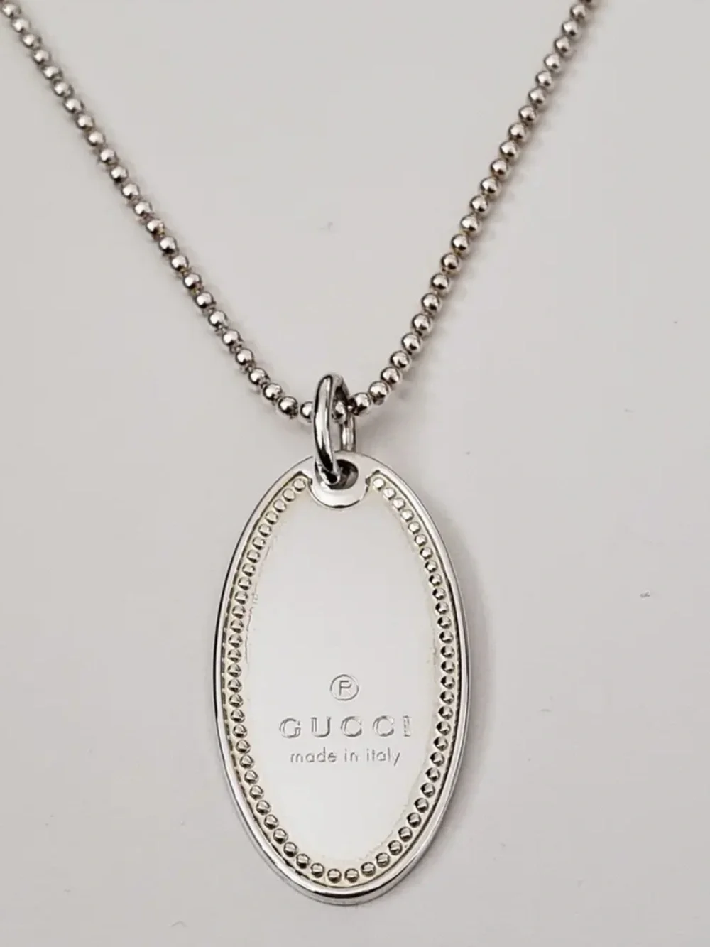 Gucci Sterling Silver Oval Engraved Pendant Necklace